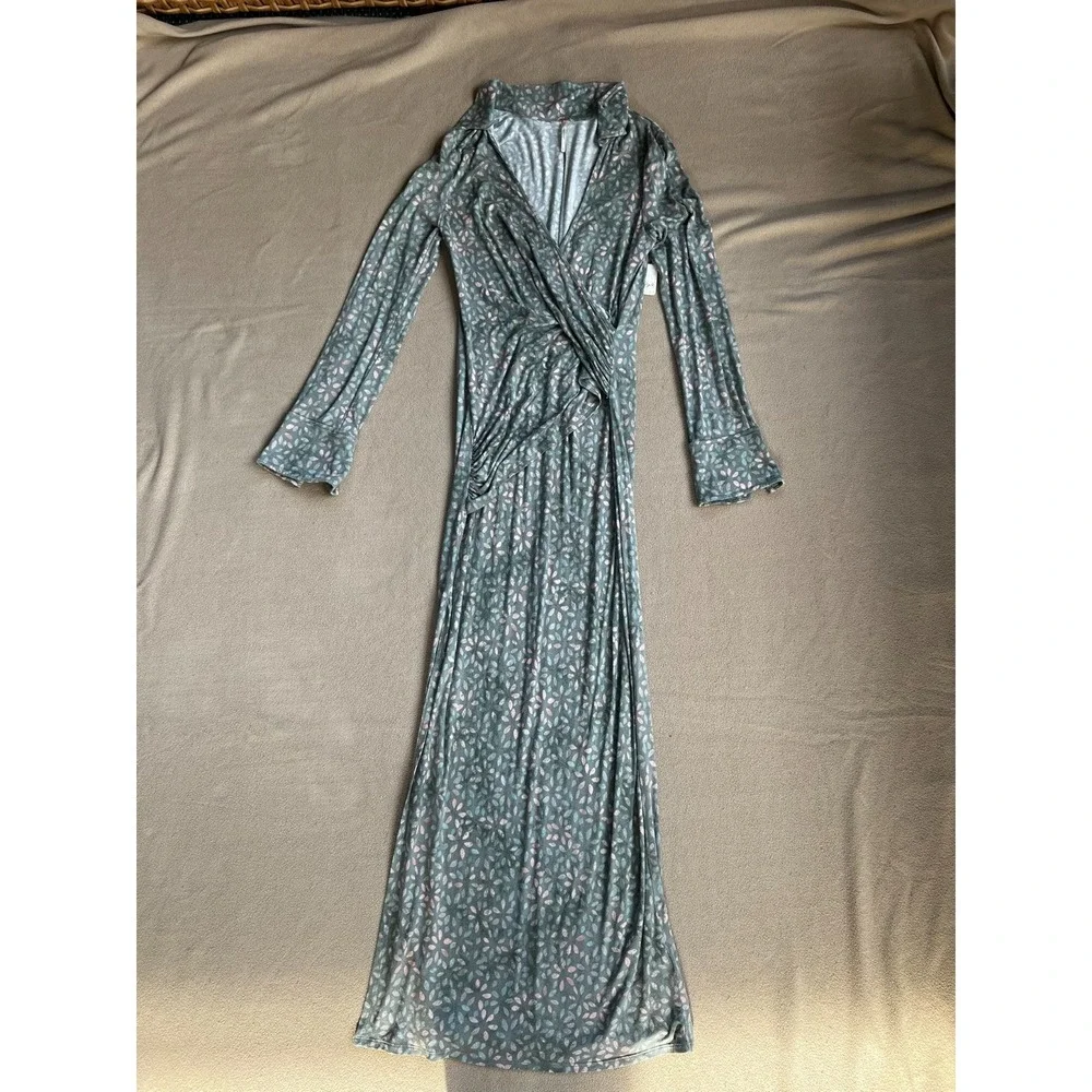 NEW Free People Shayla Floral LS Faux‎ Wrap Midi Dress Mint Combo Women Large